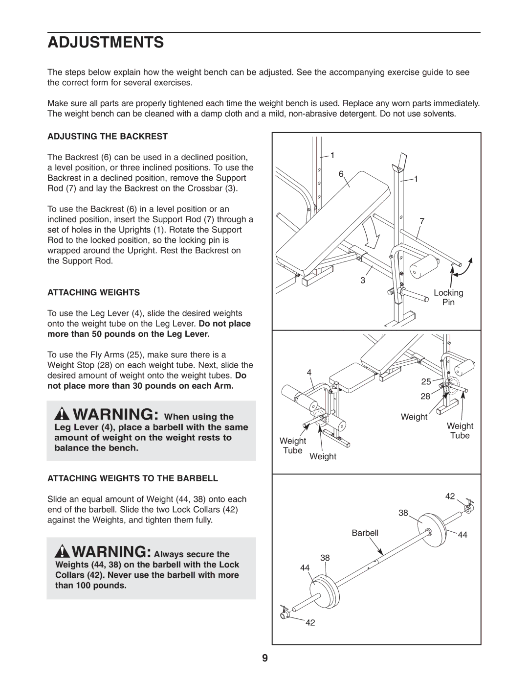 Weider 831.150341 user manual Adjustments, Adjusting the Backrest, Attaching Weights to the Barbell 