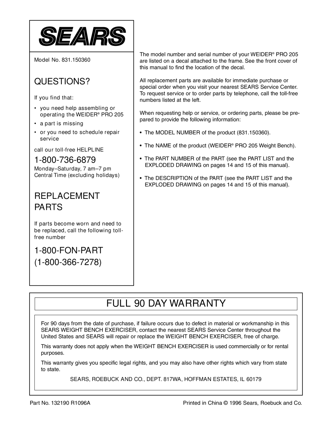 Weider 831.150360 user manual Full 90 DAY Warranty, Model No, SEARS, Roebuck and CO., Dept WA, Hoffman ESTATES, IL 