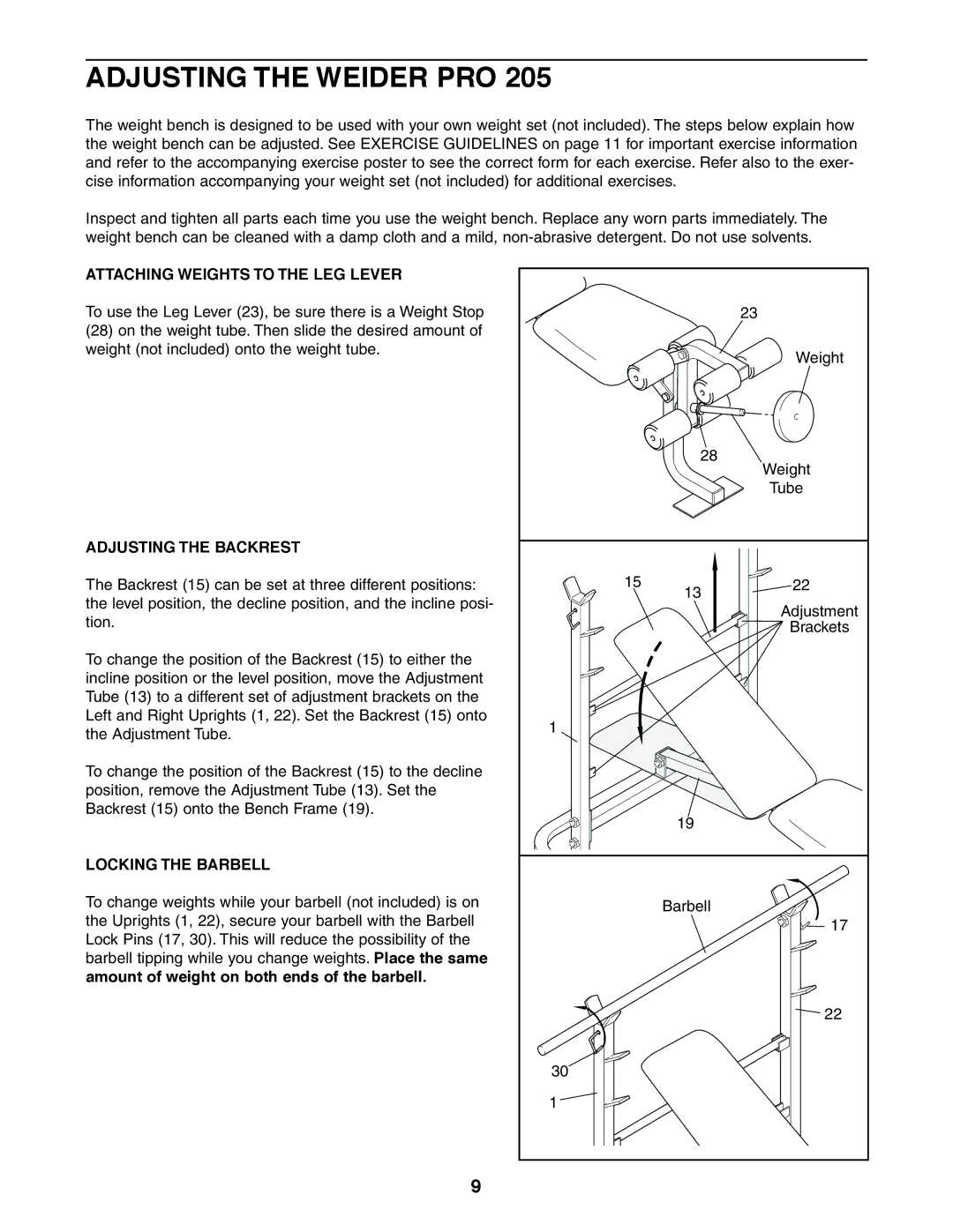 Weider 831.150360 user manual Adjusting the Weider PRO, Attaching Weights to the LEG Lever, Adjusting the Backrest 