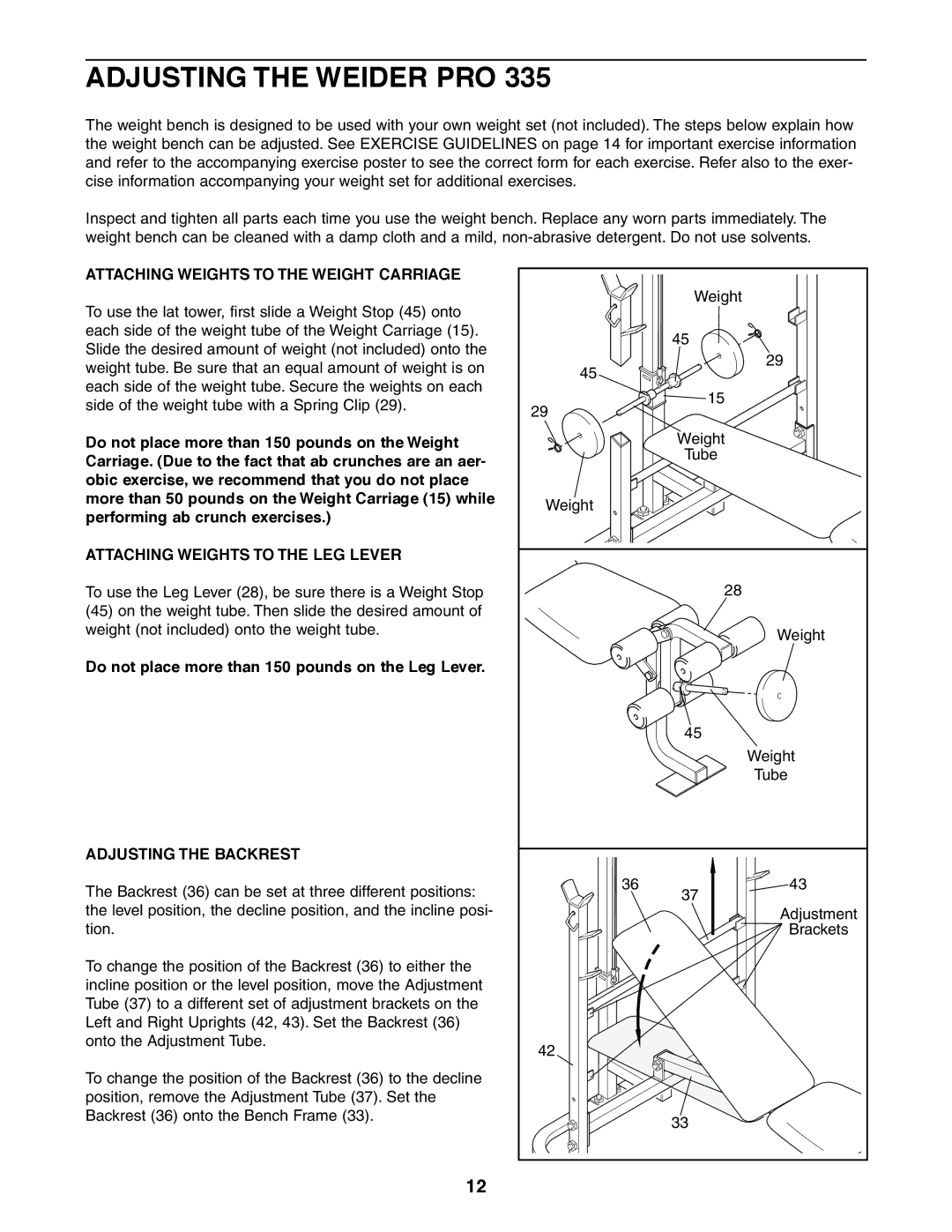 Weider 831.150380 Adjusting the Weider PRO, Attaching Weights to the Weight Carriage, Attaching Weights to the LEG Lever 