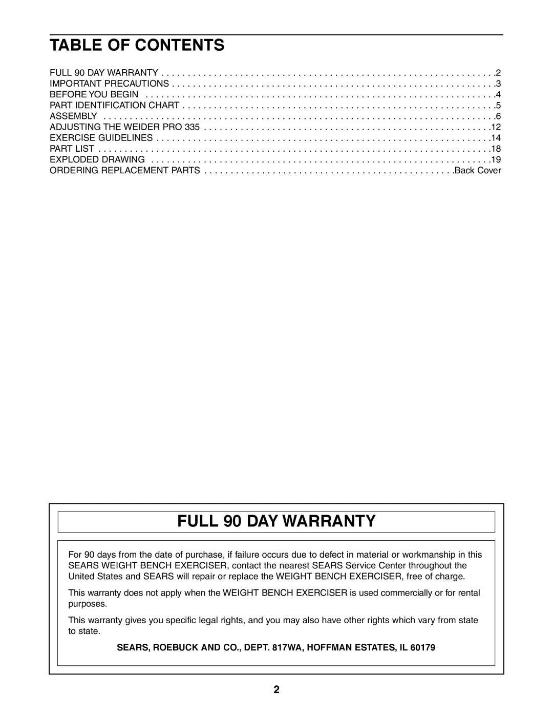 Weider 831.150380, PRO 335 user manual Table of Contents, Full 90 DAY Warranty 