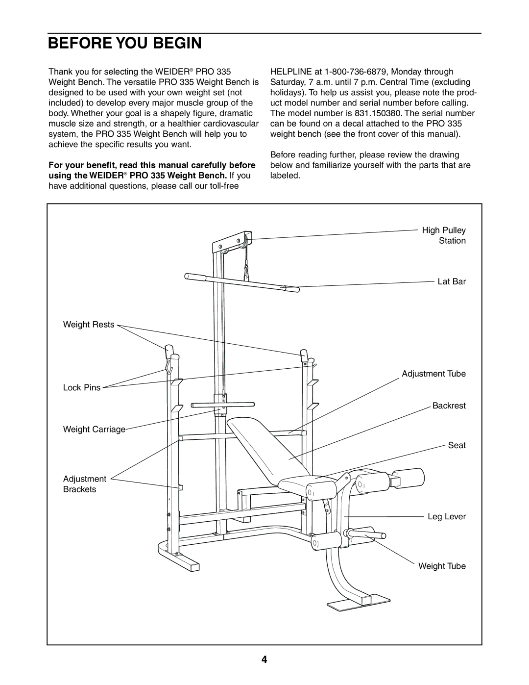 Weider 831.150380, PRO 335 user manual Before YOU Begin 