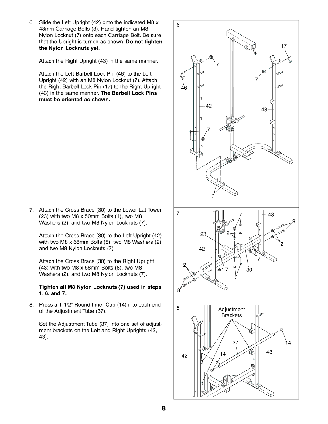 Weider 831.150380, PRO 335 user manual Same manner. The Barbell Lock Pins must be oriented as shown 