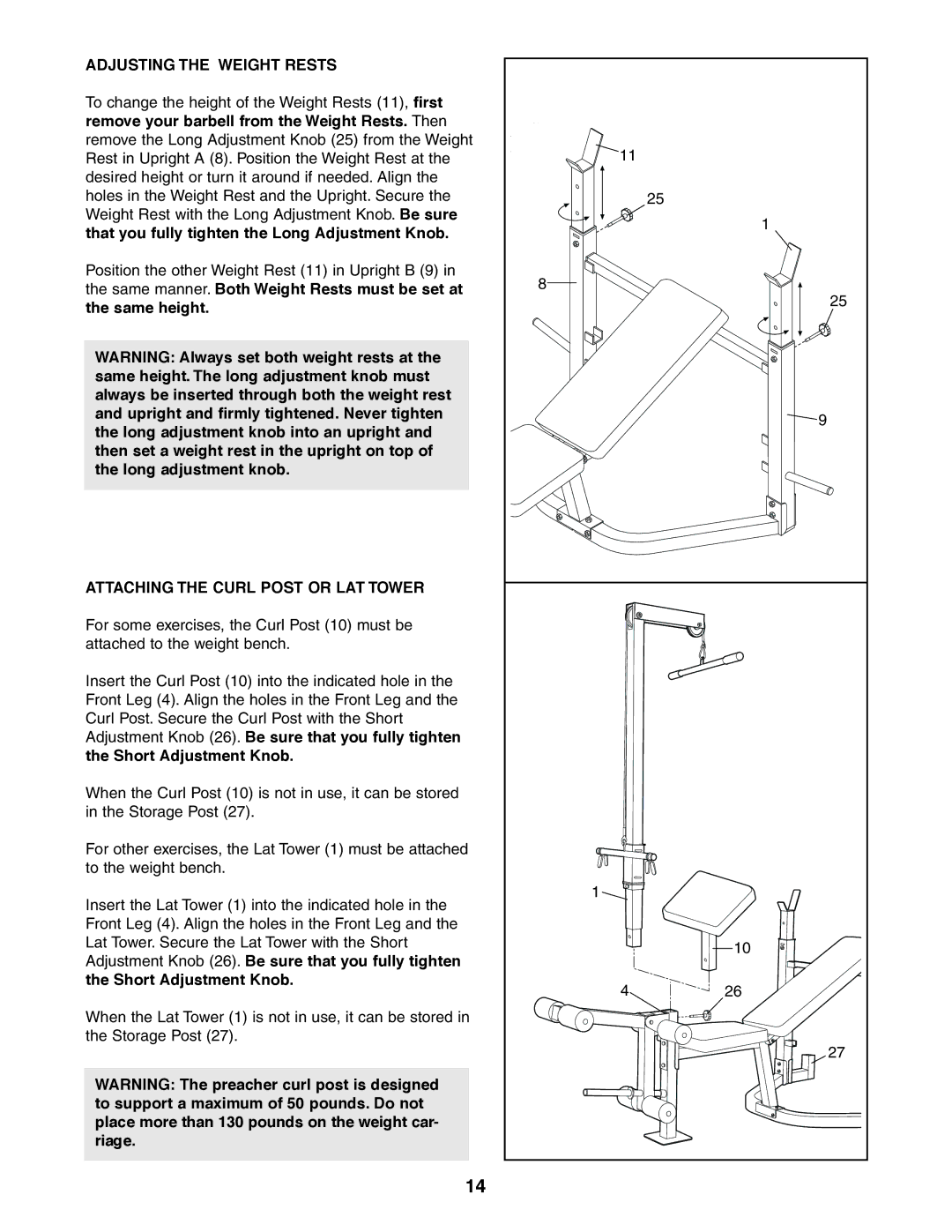 Weider 831.150381 user manual Adjusting the Weight Rests, Attaching the Curl Post or LAT Tower 