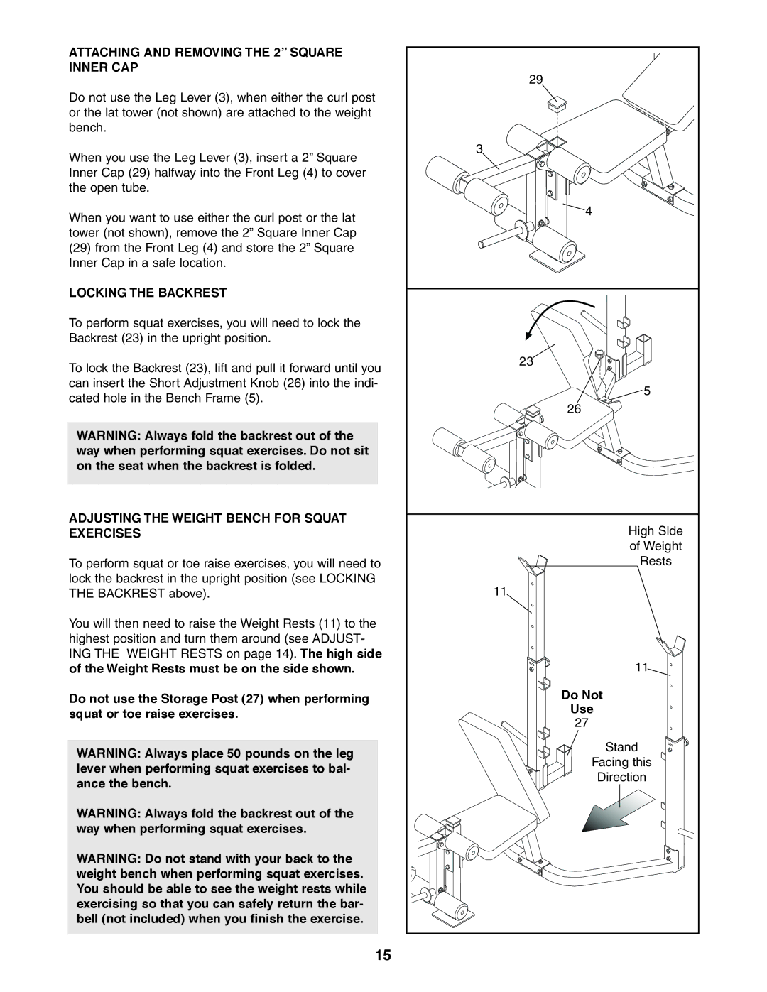 Weider 831.150381 user manual Attaching and Removing the 2 Square Inner CAP, Locking the Backrest, Do Not, Use 