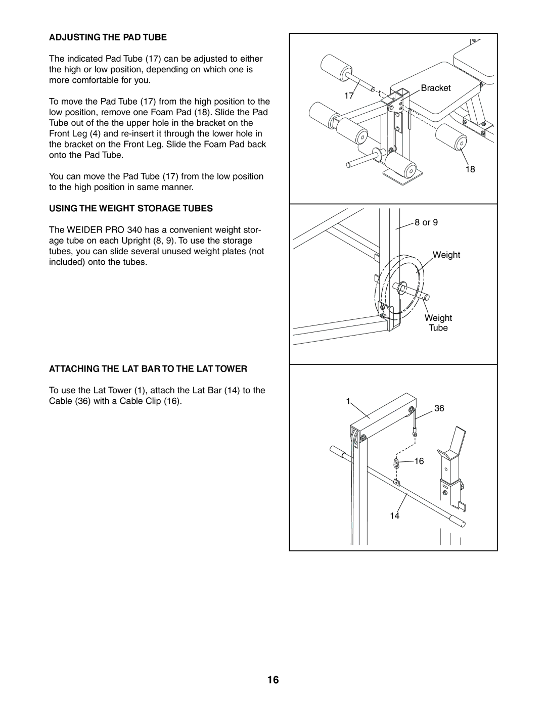 Weider 831.150381 Adjusting the PAD Tube, Using the Weight Storage Tubes, Attaching the LAT BAR to the LAT Tower 