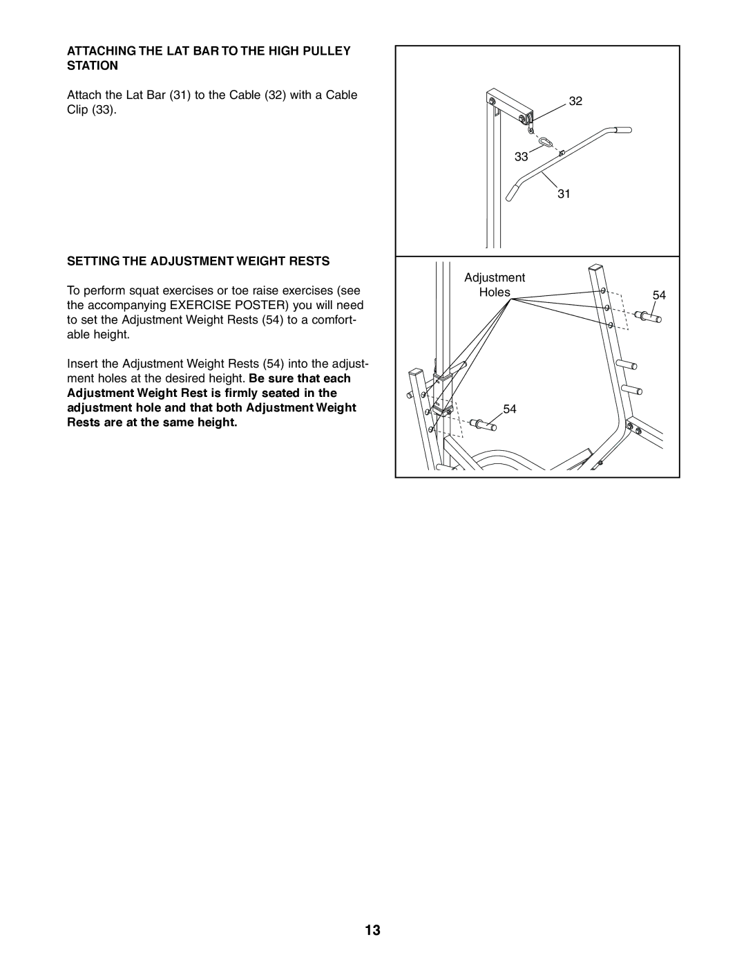 Weider 831.150390 user manual Attaching the LAT BAR to the High Pulley Station, Setting the Adjustment Weight Rests 