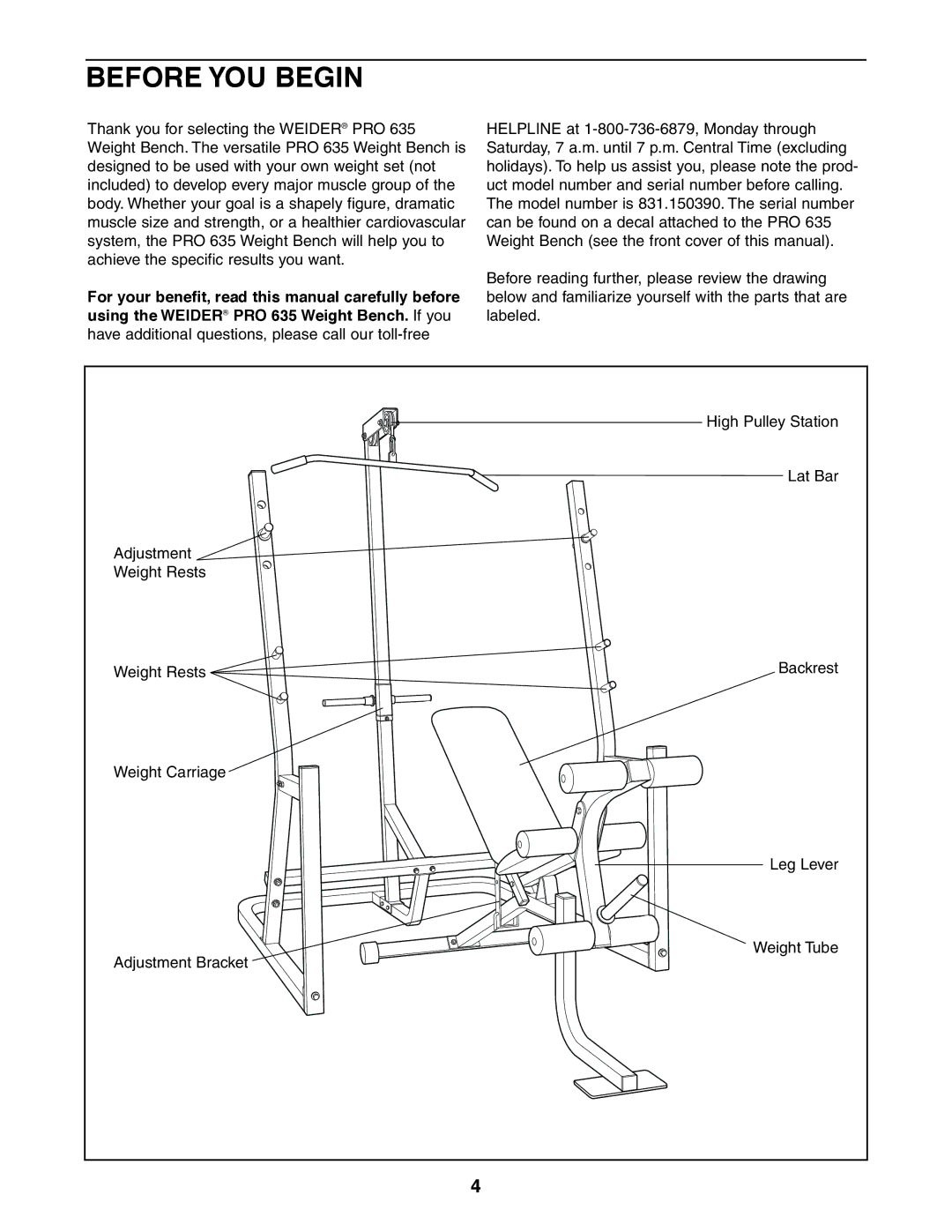 Weider 831.150390 user manual Before YOU Begin 