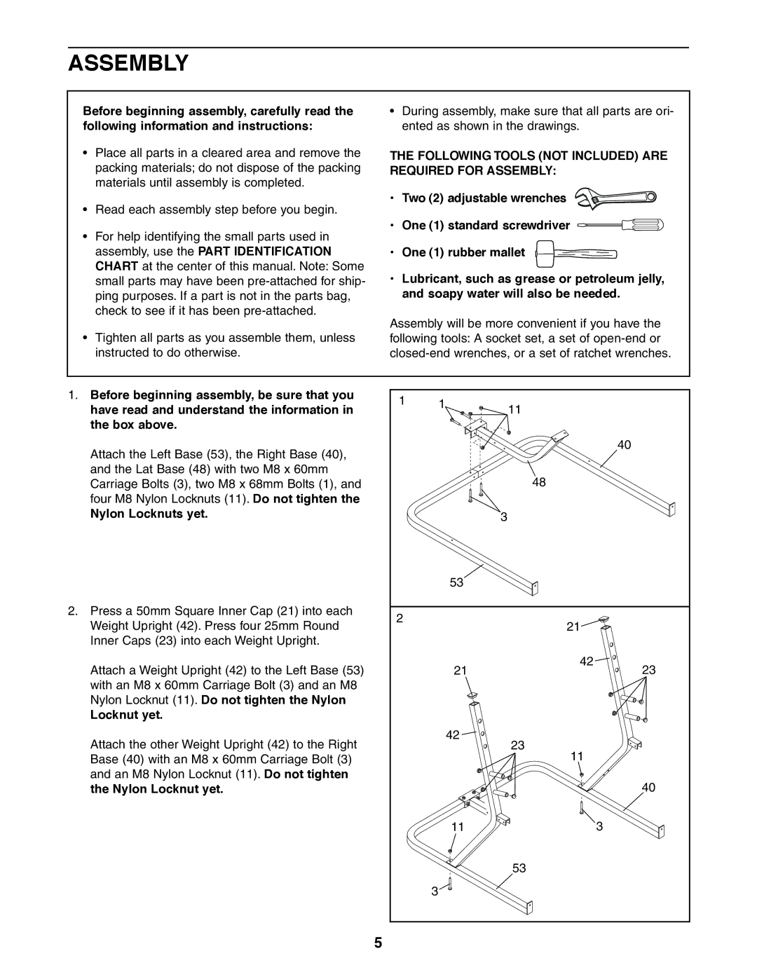 Weider 831.150390 user manual Following Tools not Included are Required for Assembly, Nylon Locknuts yet, Locknut yet 