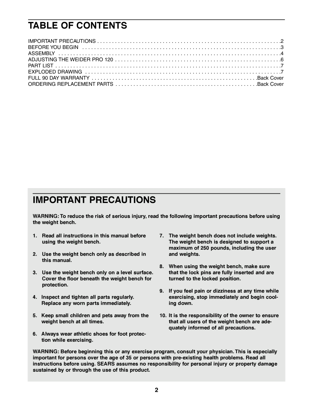 Weider 831.150460 user manual Table of Contents, Important Precautions 