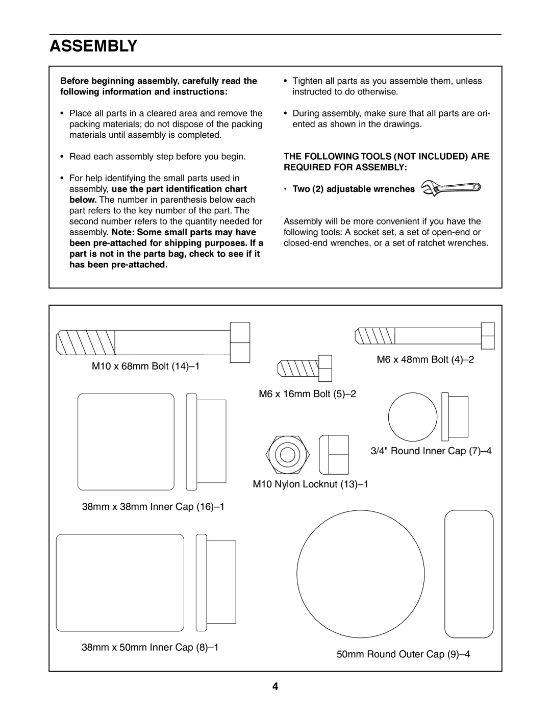 Weider 831.150460 user manual Following Tools not Included are Required for Assembly, Two 2 adjustable wrenches 