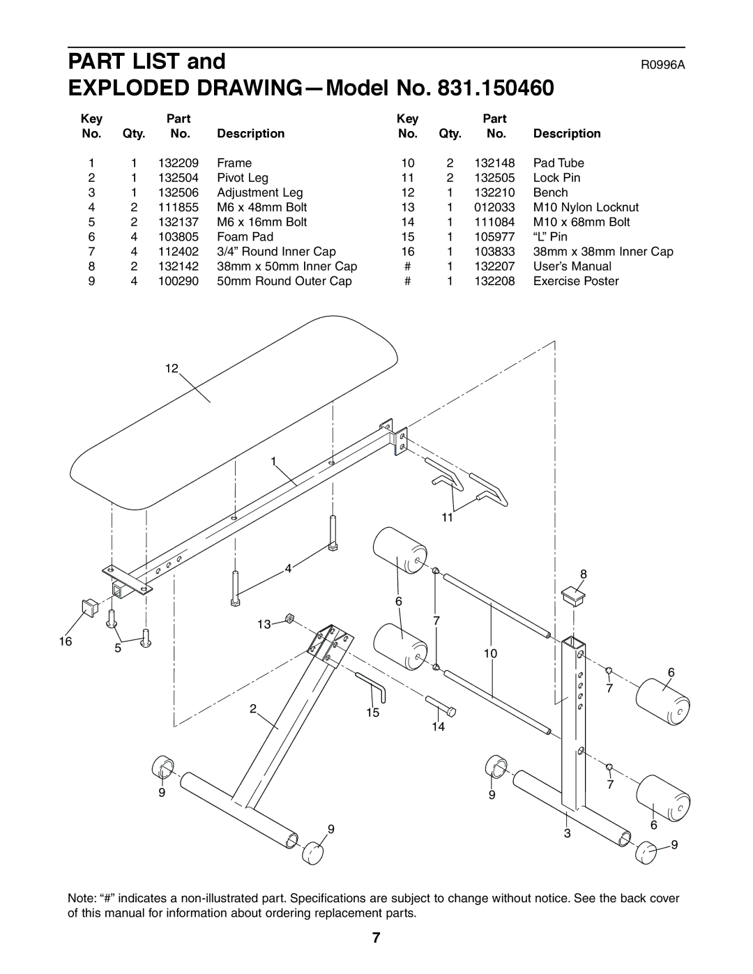 Weider 831.150460 user manual R0996A, Key Part No. Qty Description 