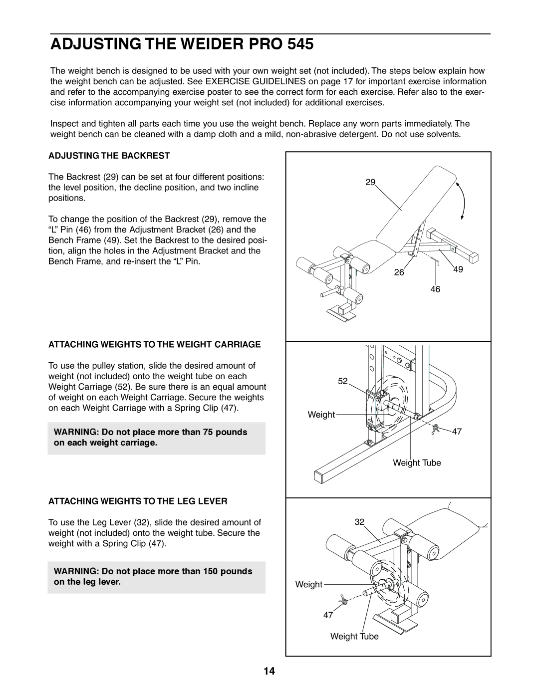 Weider 831.150470 user manual Adjusting the Weider PRO, Adjusting the Backrest, Attaching Weights to the Weight Carriage 