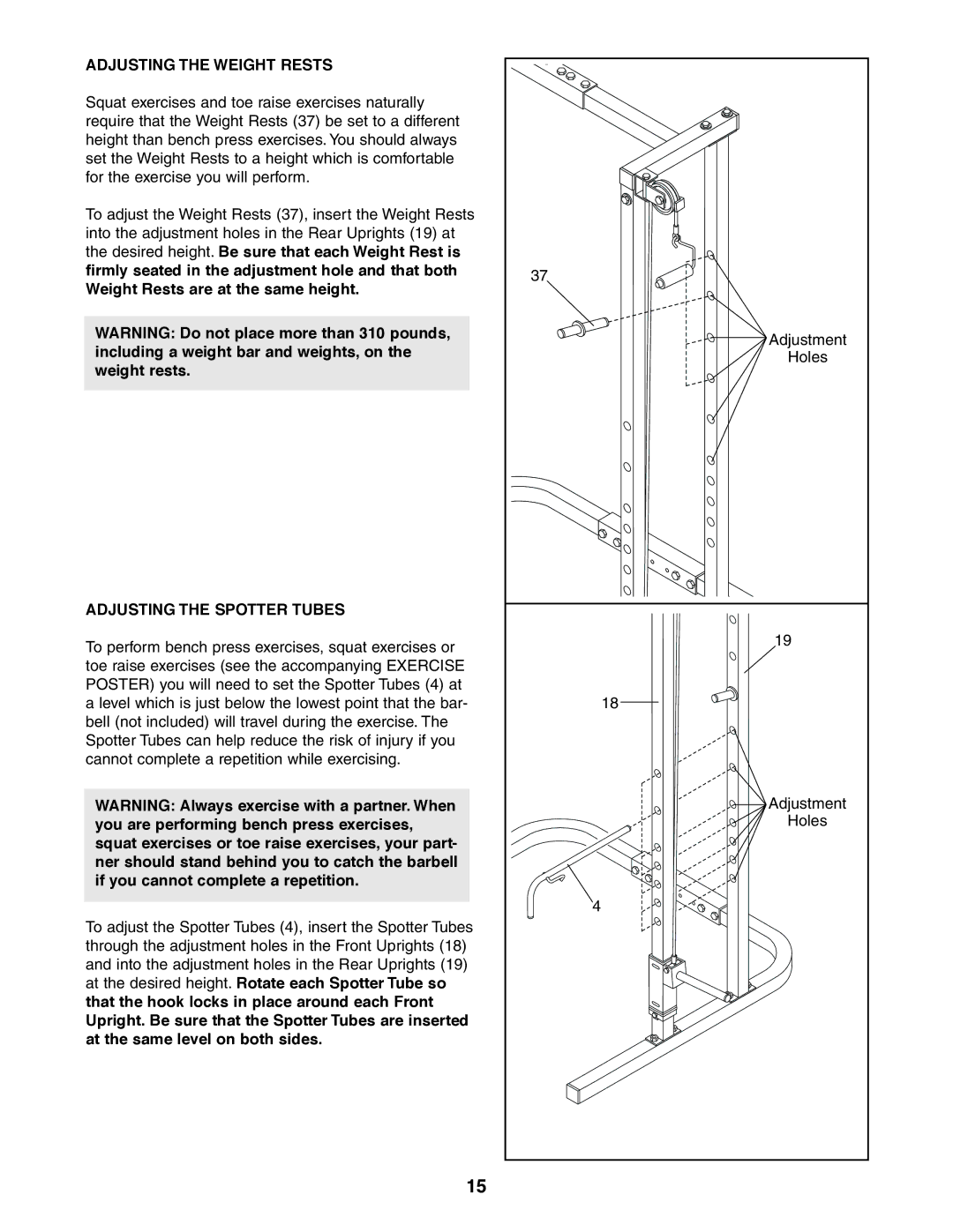 Weider 831.150470 user manual Adjusting the Weight Rests, Adjusting the Spotter Tubes 