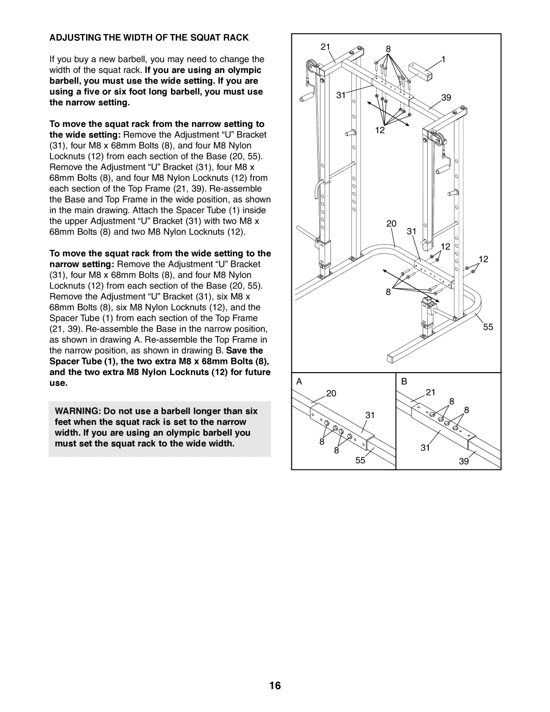 Weider 831.150470 user manual Adjusting the Width of the Squat Rack 