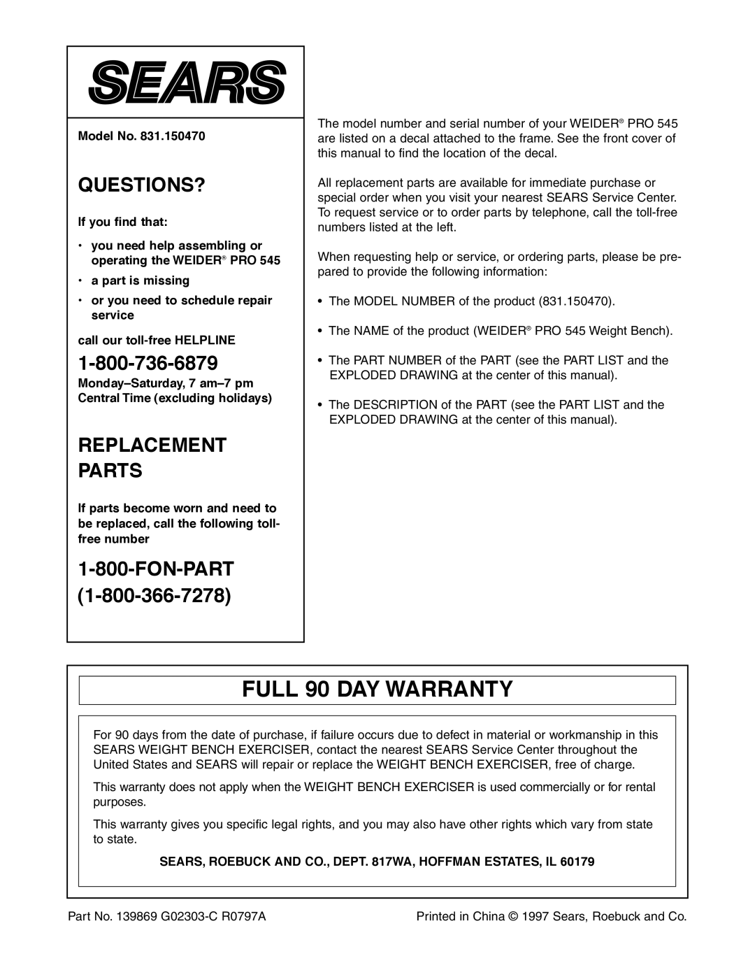 Weider 831.150470 user manual Full 90 DAY Warranty, Model No, SEARS, Roebuck and CO., Dept WA, Hoffman ESTATES, IL 