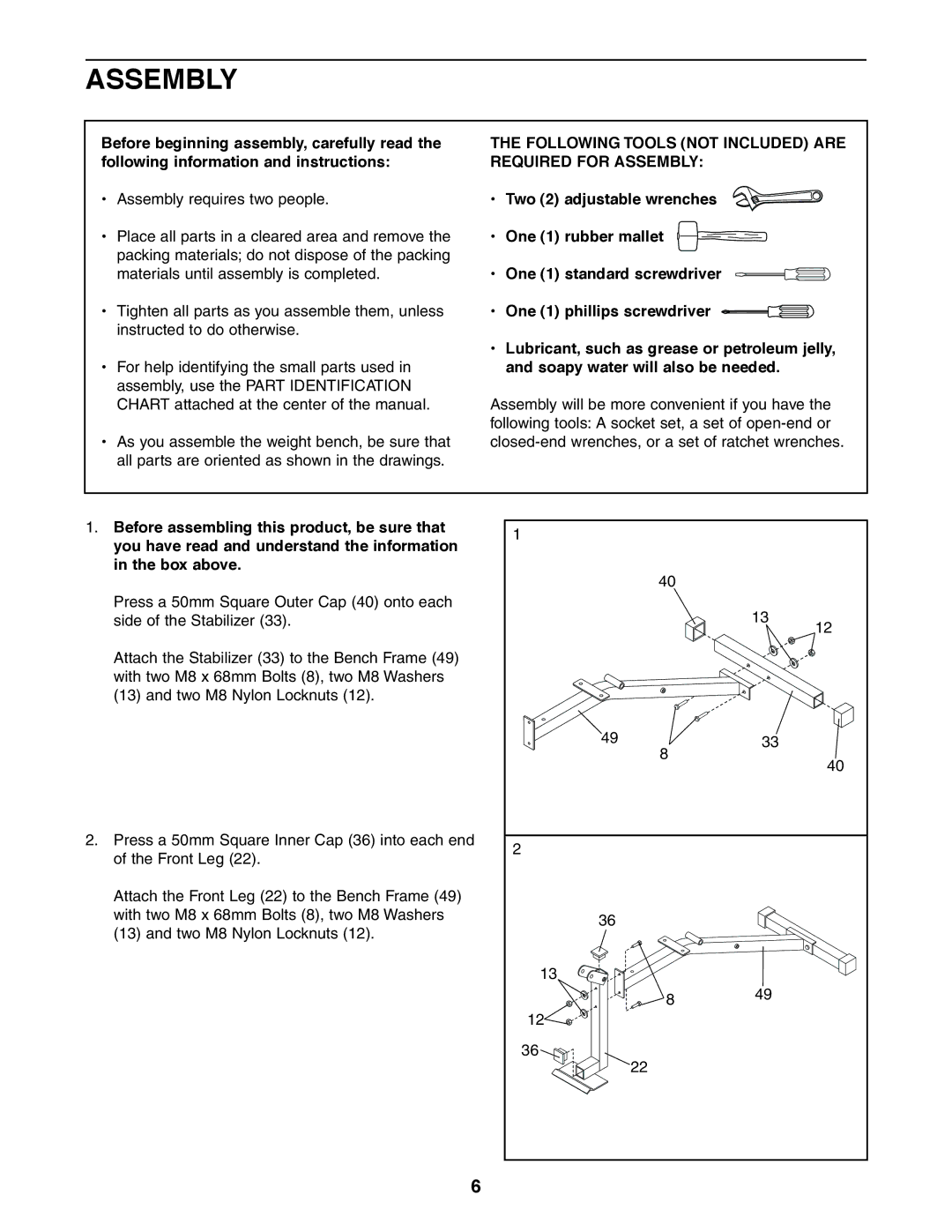 Weider 831.150470 user manual Following Tools not Included are Required for Assembly 