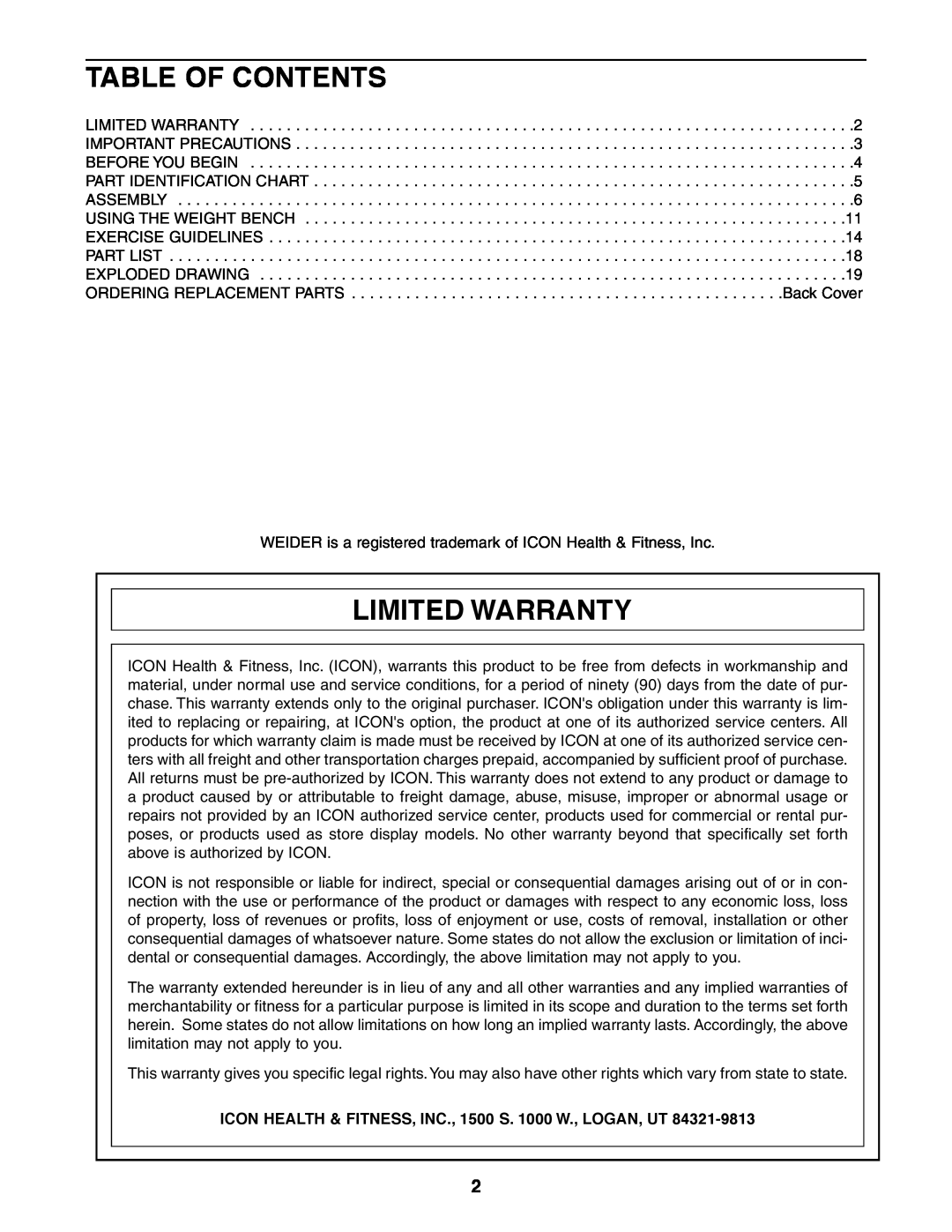 Weider 831.150470 user manual Table Of Contents, Limited Warranty, ICON HEALTH & FITNESS, INC., 1500 S. 1000 W., LOGAN, UT 