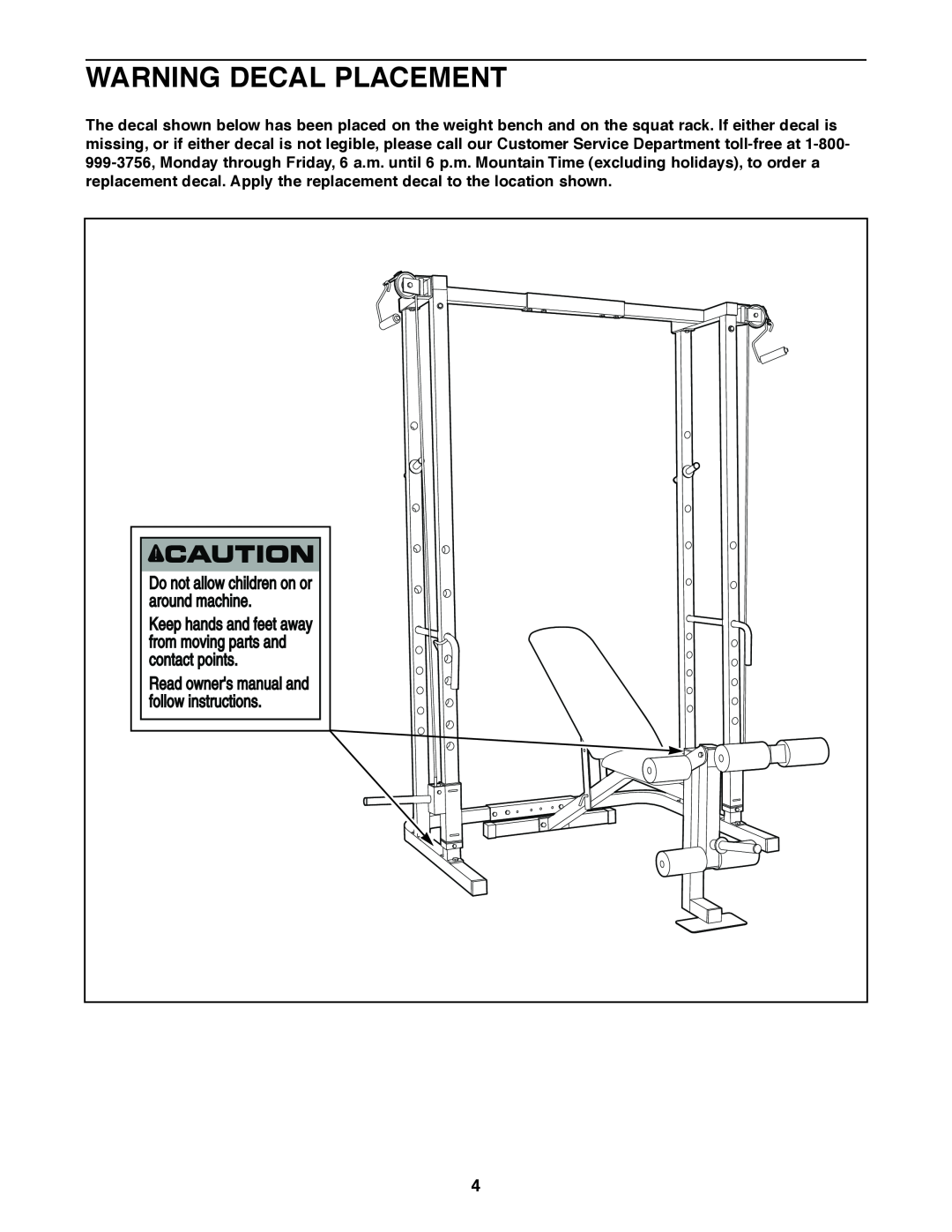 Weider 831.150470 user manual Warning Decal Placement 