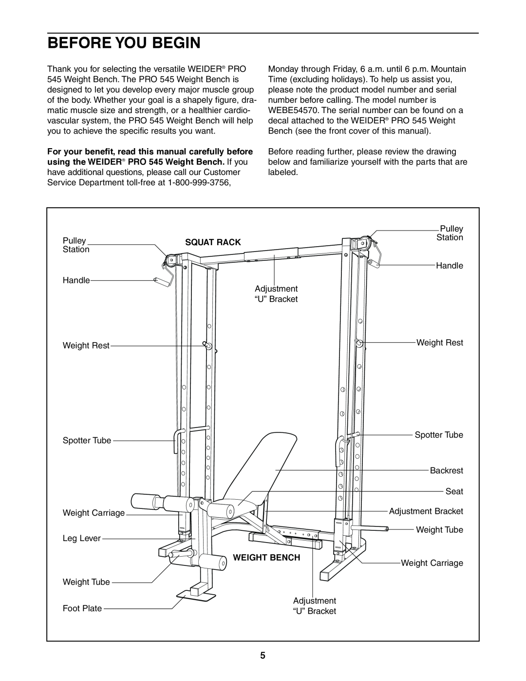 Weider 831.150470 user manual Before You Begin, Squat Rack, Weight Bench 