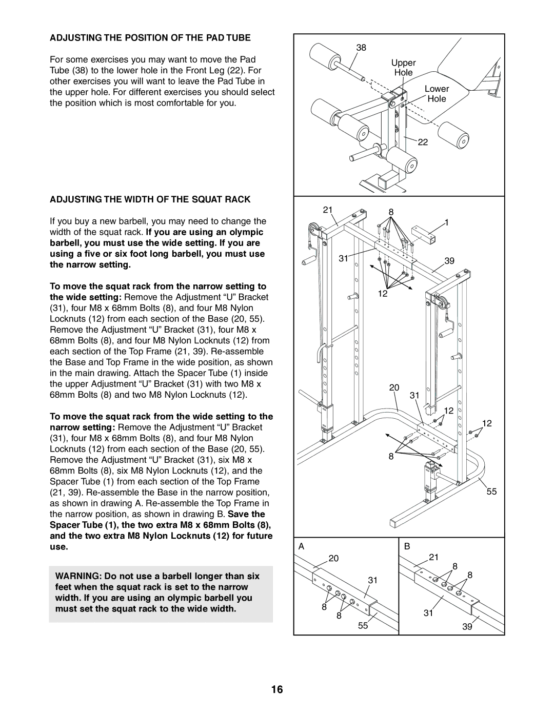 Weider 831.150471 user manual Adjusting the Position of the PAD Tube, Adjusting the Width of the Squat Rack 