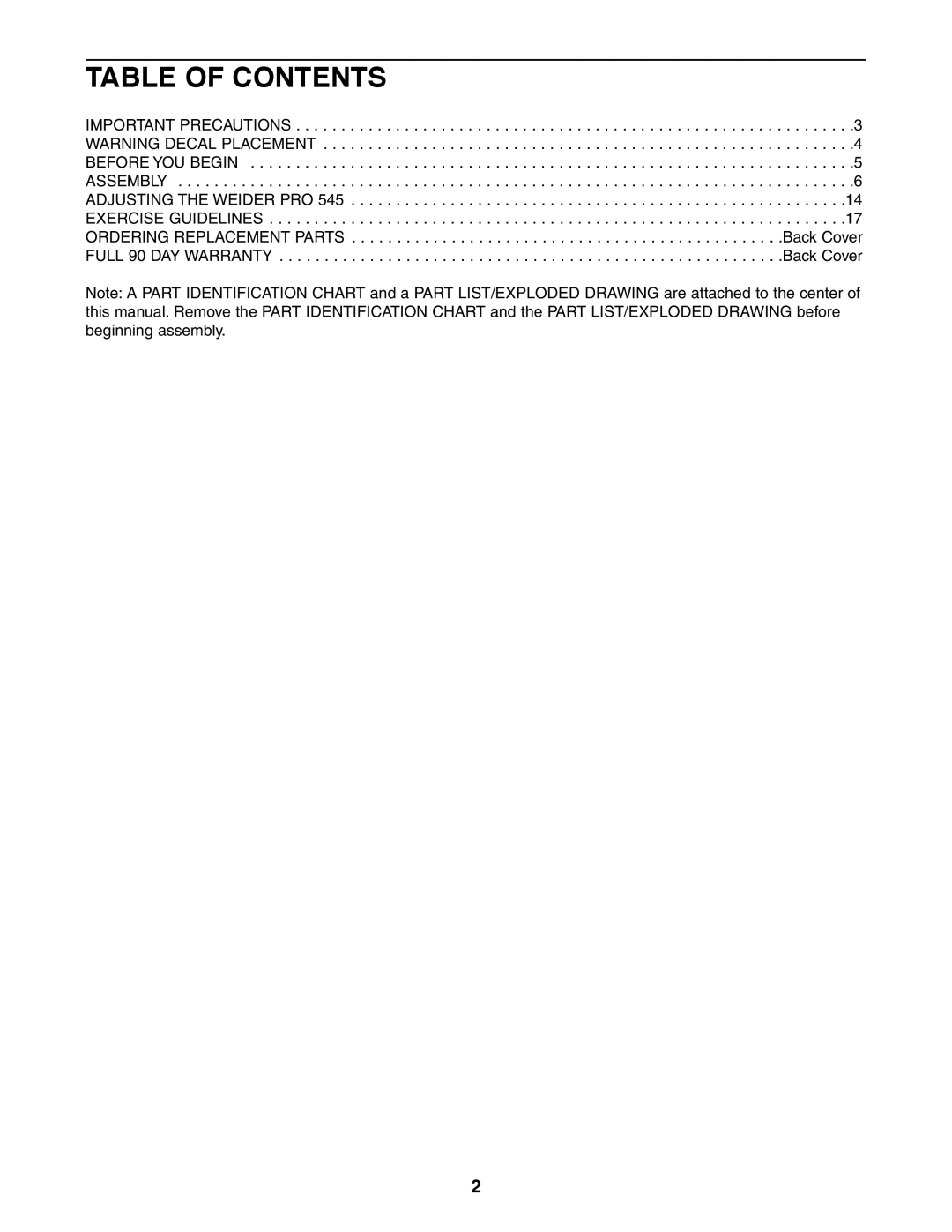 Weider 831.150471 user manual Table of Contents 