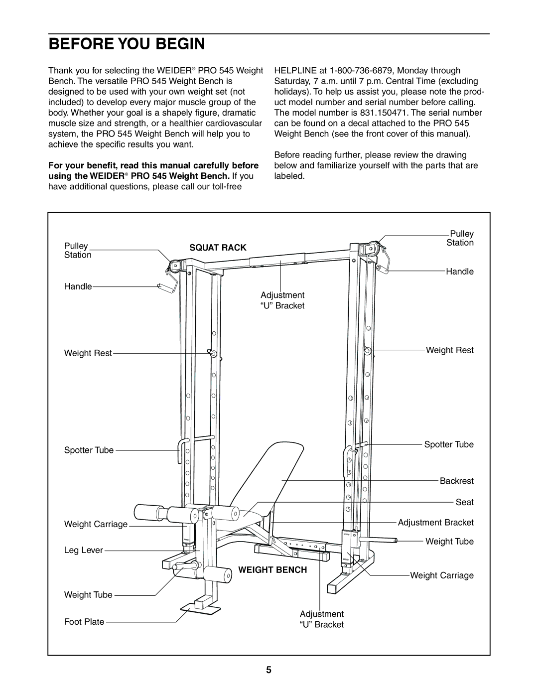 Weider 831.150471 user manual Before YOU Begin, Squat Rack, Weight Bench 