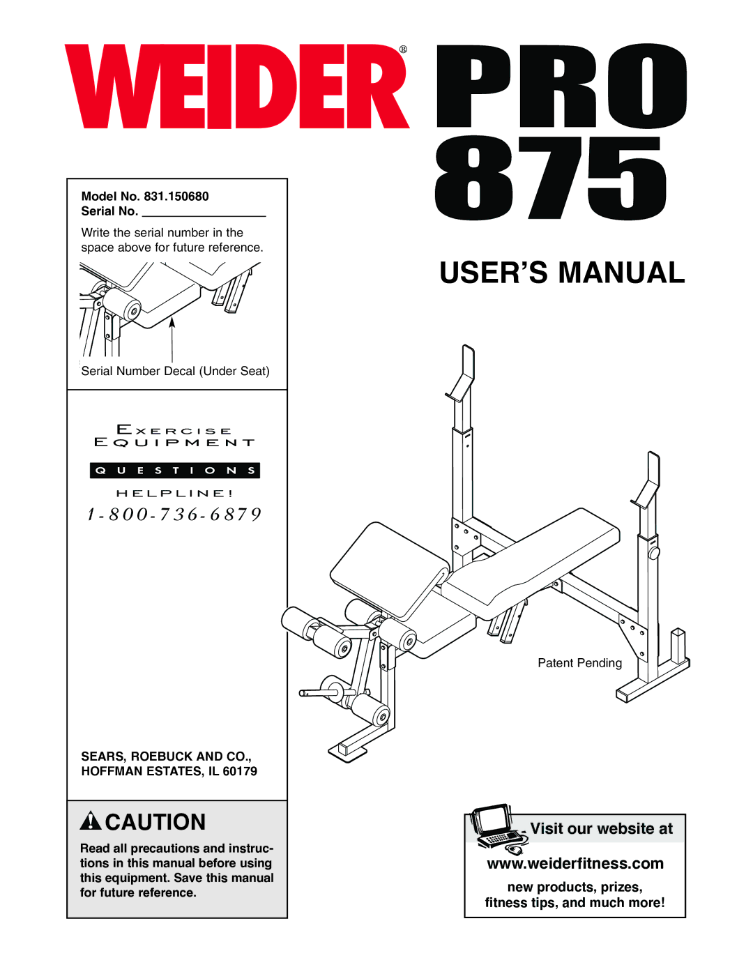 Weider 831.150680 user manual Model No Serial No, SEARS, Roebuck and CO., Hoffman ESTATES, IL 