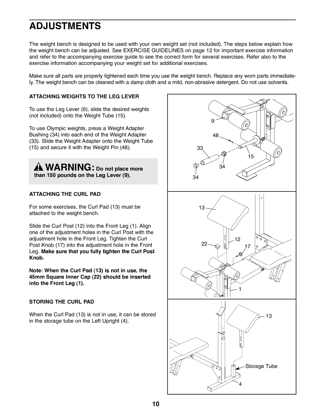 Weider 831.150680 Adjustments, Attaching Weights to the LEG Lever, Attaching the Curl PAD, Knob, Storing the Curl PAD 