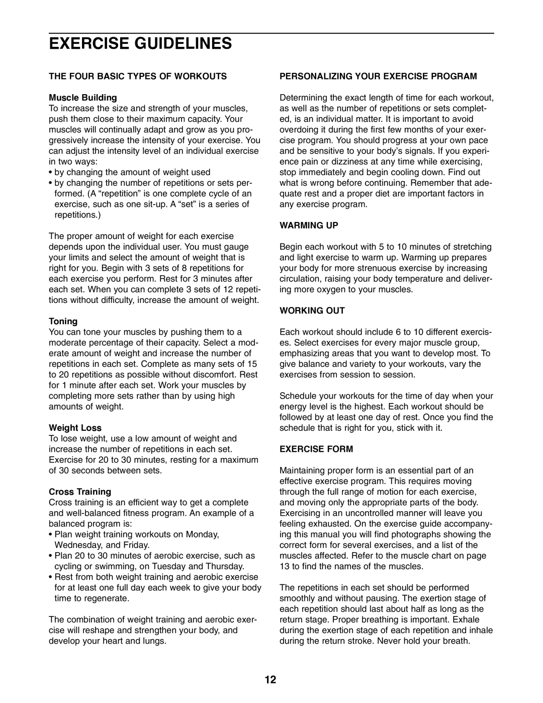 Weider 831.150680 user manual Exercise Guidelines 