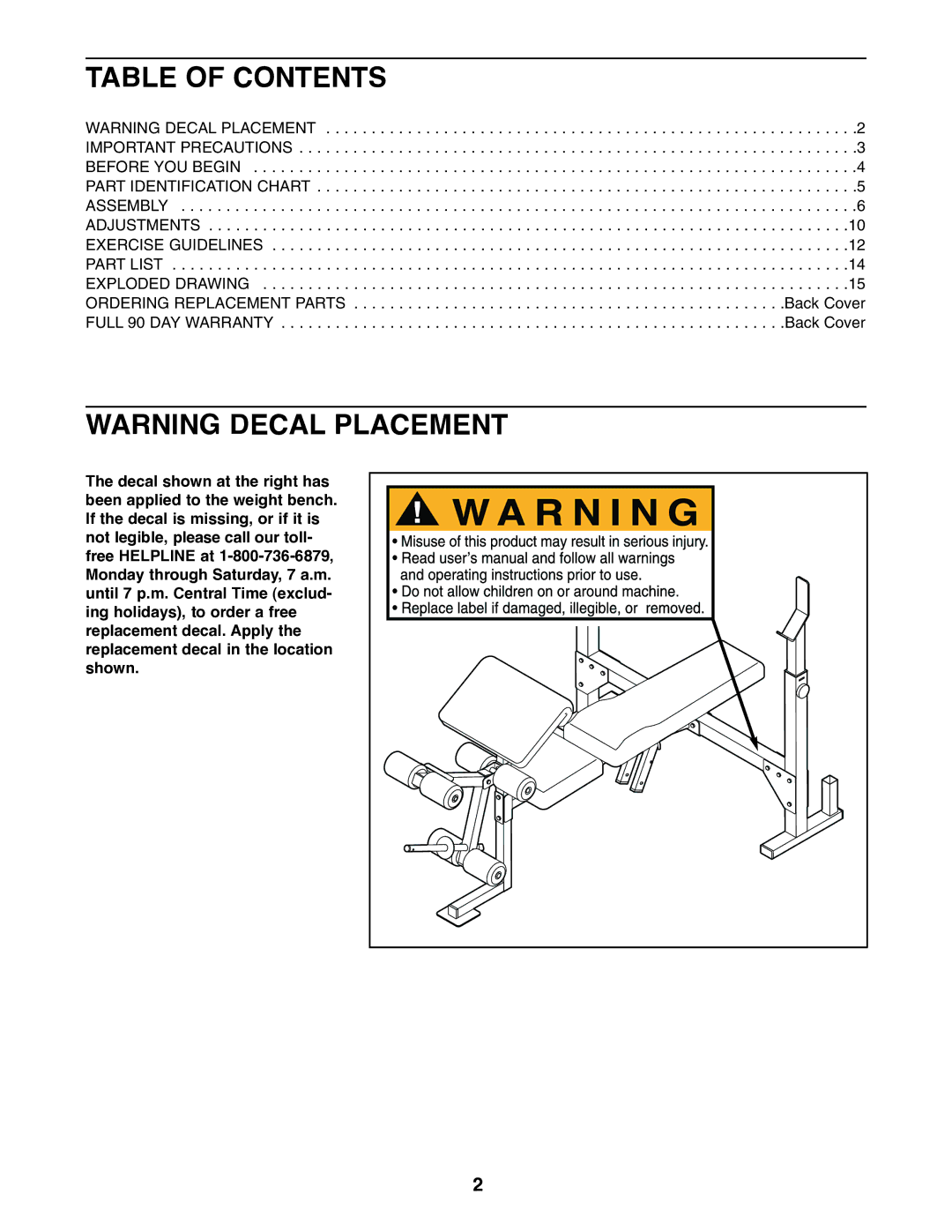 Weider 831.150680 user manual Table of Contents 