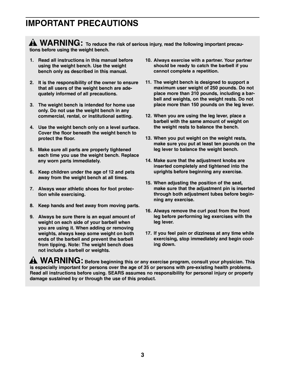 Weider 831.150680 user manual Important Precautions 