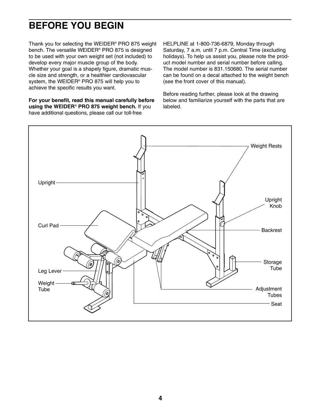 Weider 831.150680 user manual Before YOU Begin 