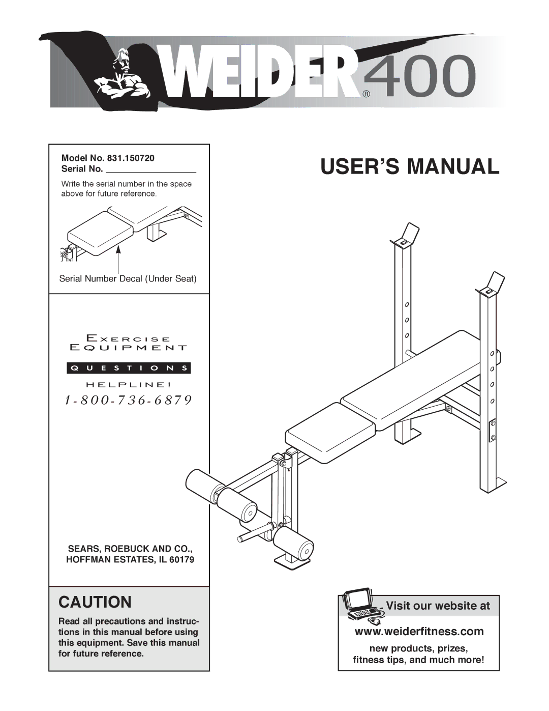 Weider 831.150720 manual Model No Serial No, SEARS, Roebuck and CO., Hoffman ESTATES, IL 