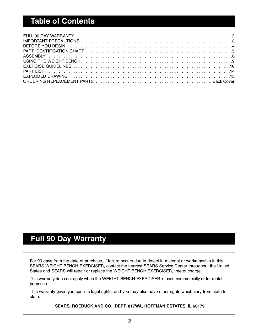 Weider 831.150720 manual Table of Contents, Full 90 Day Warranty 