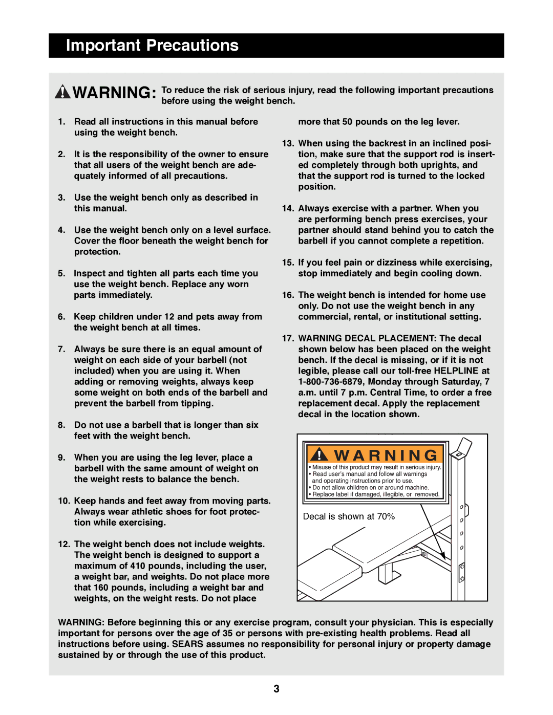 Weider 831.150720 manual Important Precautions 