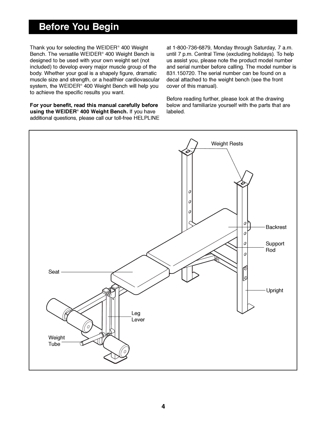 Weider 831.150720 manual Before You Begin 