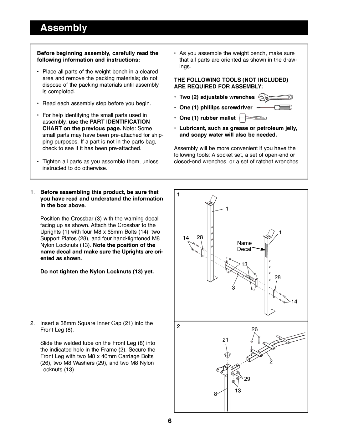 Weider 831.150720 manual Following Tools not Included are Required for Assembly 