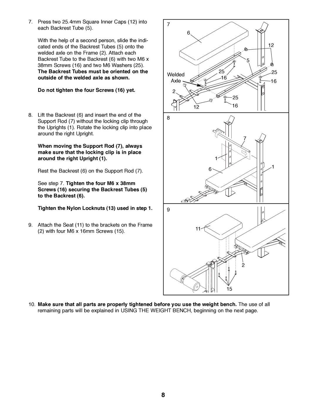 Weider 831.150720 manual Rest the Backrest 6 on the Support Rod 