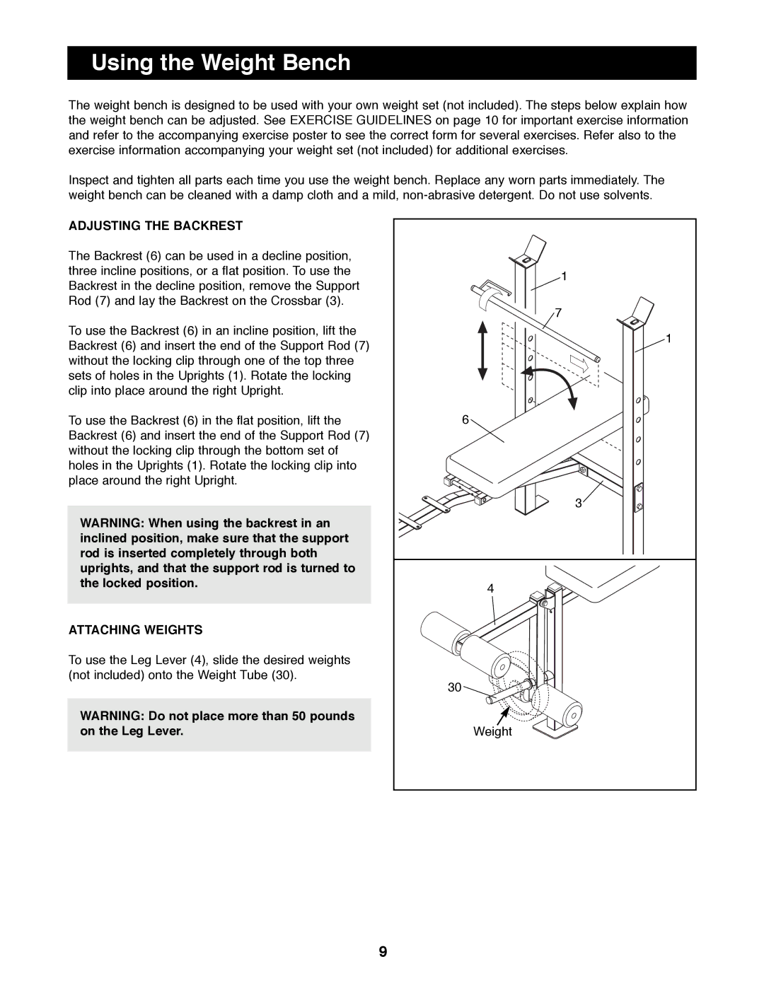 Weider 831.150720 manual Using the Weight Bench, Adjusting the Backrest, Attaching Weights 