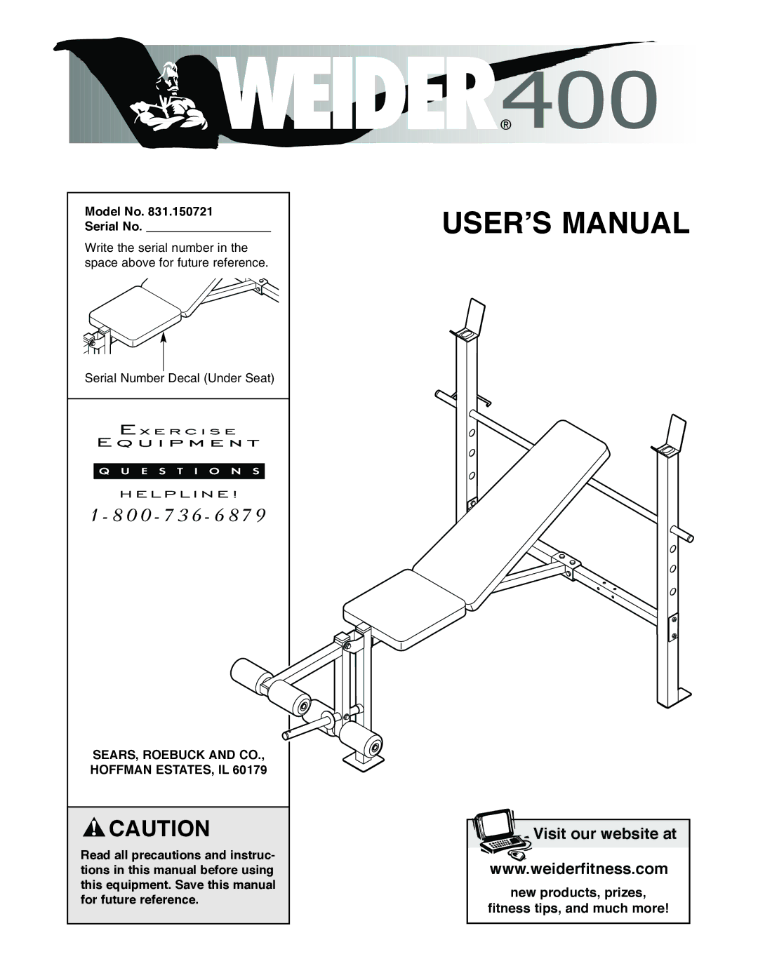 Weider 831.150721 user manual Model No Serial No, SEARS, Roebuck and CO., Hoffman ESTATES, IL 