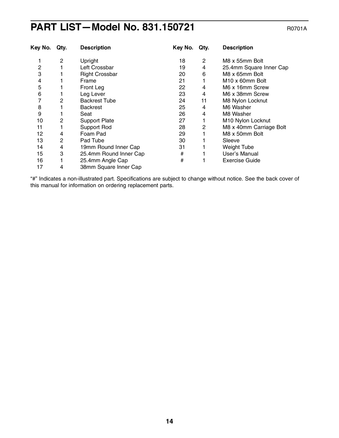 Weider 831.150721 user manual Part LIST-Model No, Qty Description 