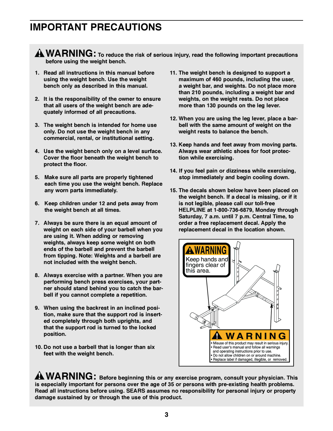 Weider 831.150721 user manual Important Precautions 