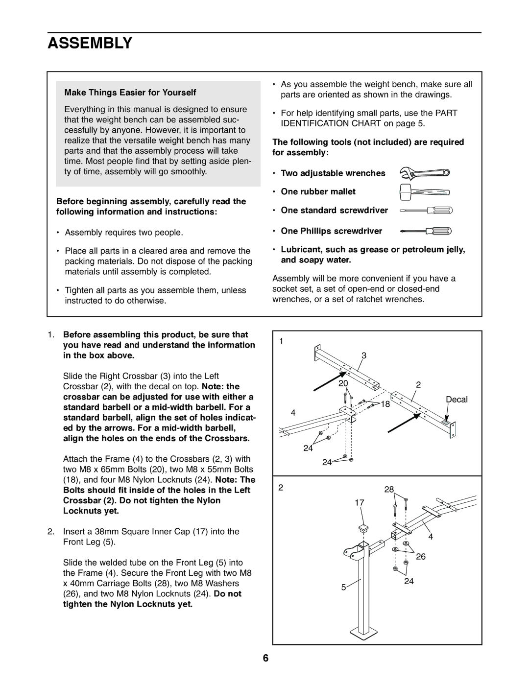 Weider 831.150721 user manual Assembly, Make Things Easier for Yourself 