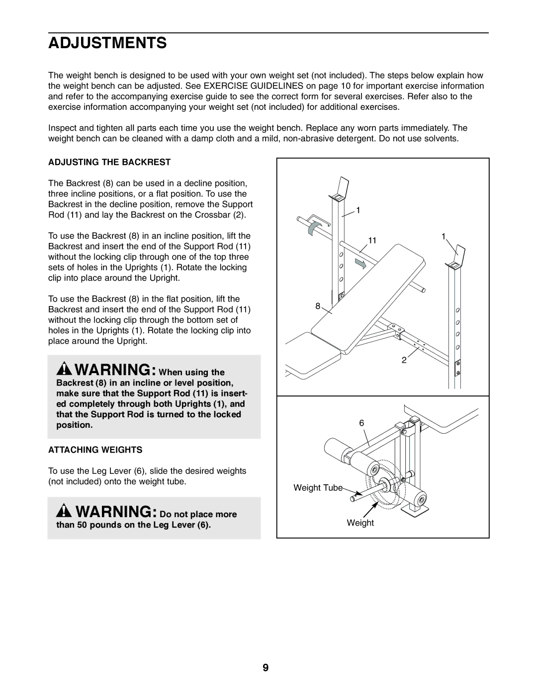 Weider 831.150721 user manual Adjustments, Adjusting the Backrest, Attaching Weights 