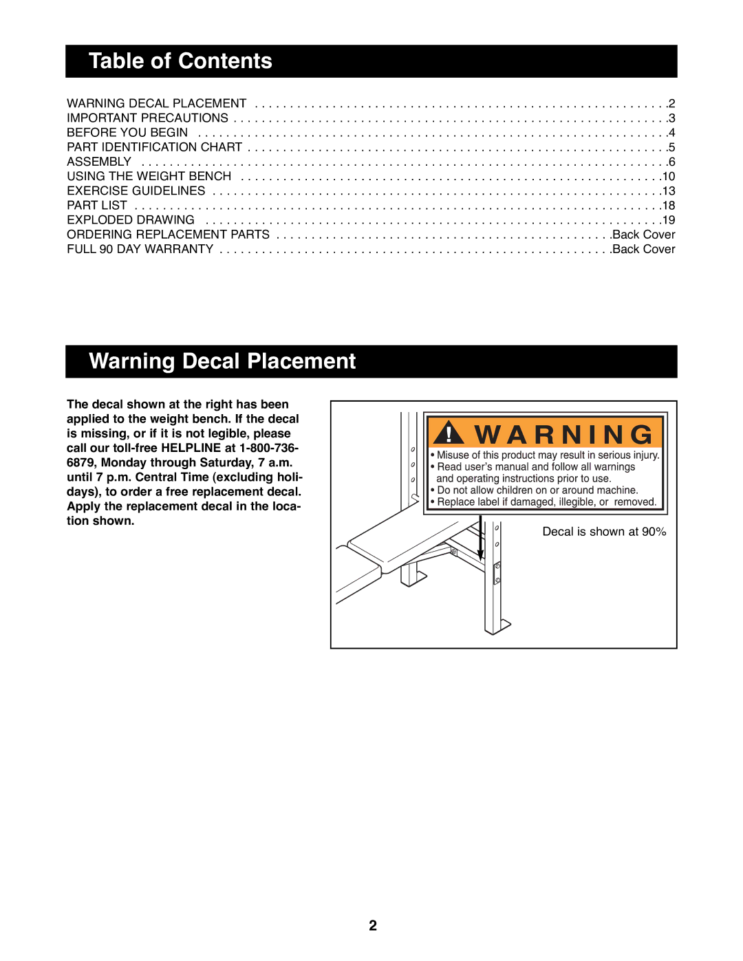 Weider 831.150730 manual Table of Contents 