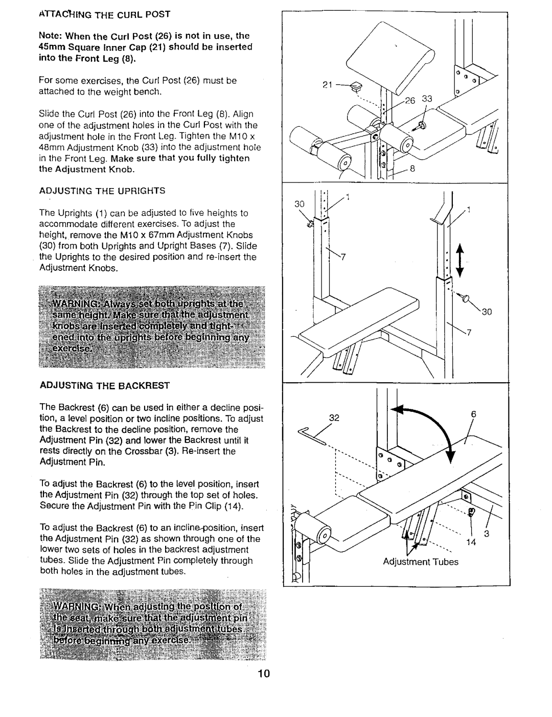 Weider 831,150,741 user manual Adjusting the Uprights, Adjusting the Backrest 