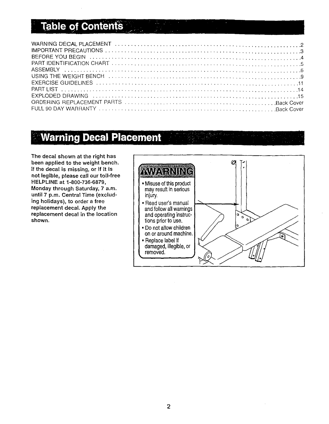 Weider 831,150,741 user manual Been applied to the weight bench, Until, Replacement Decal. Apply, Shown 