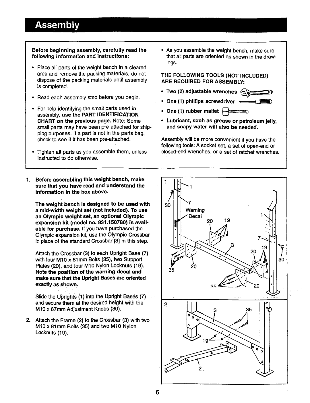 Weider 831,150,741 user manual The Following Tools Not Included Are Required For Assembly 