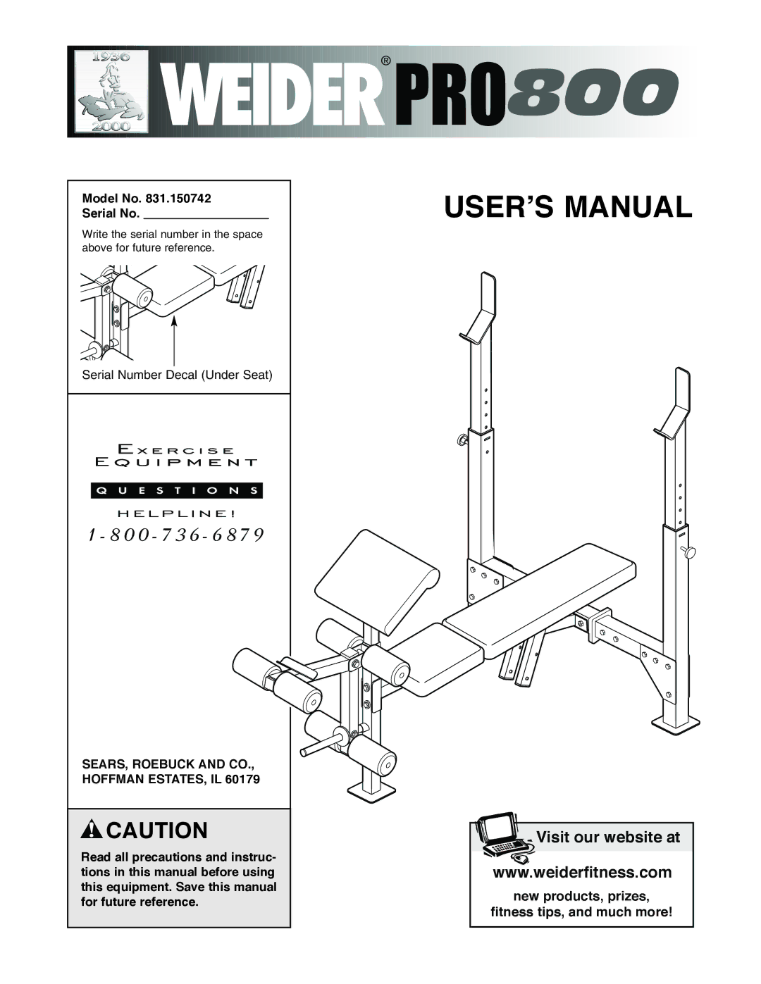 Weider 831.150742 user manual Model No Serial No, SEARS, Roebuck and CO., Hoffman ESTATES, IL 